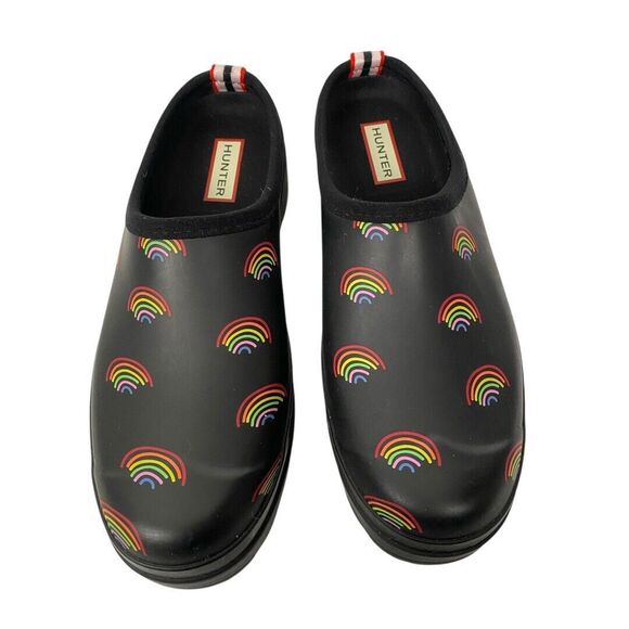 Hunter PLAY Logo Rainbow All Over‎ Print Slip-On Mules Clogs Womens Size 8 WPSU - Picture 1 of 7